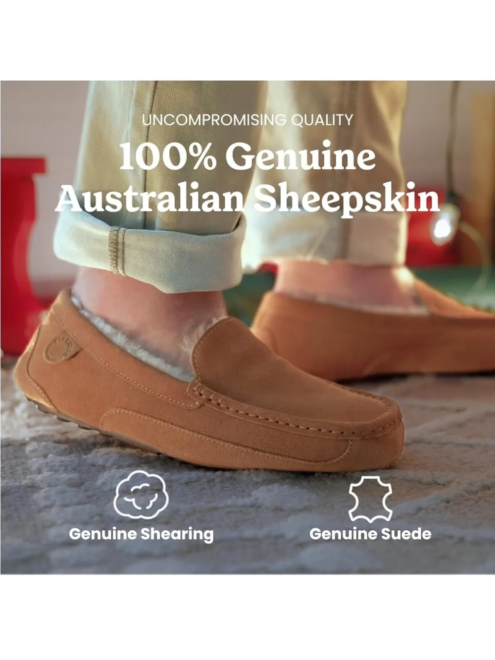 Fireside Men's Suede Shearling Lined Moccasin Slippers - Tan